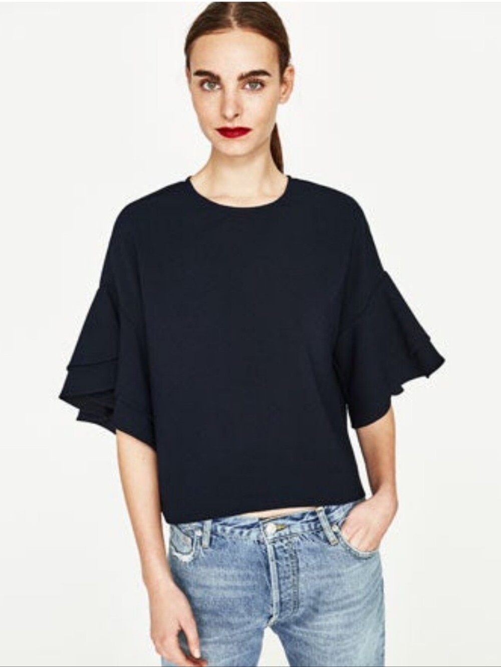 Zara Black Layered Ruffle Short Sleeve Blouse Small